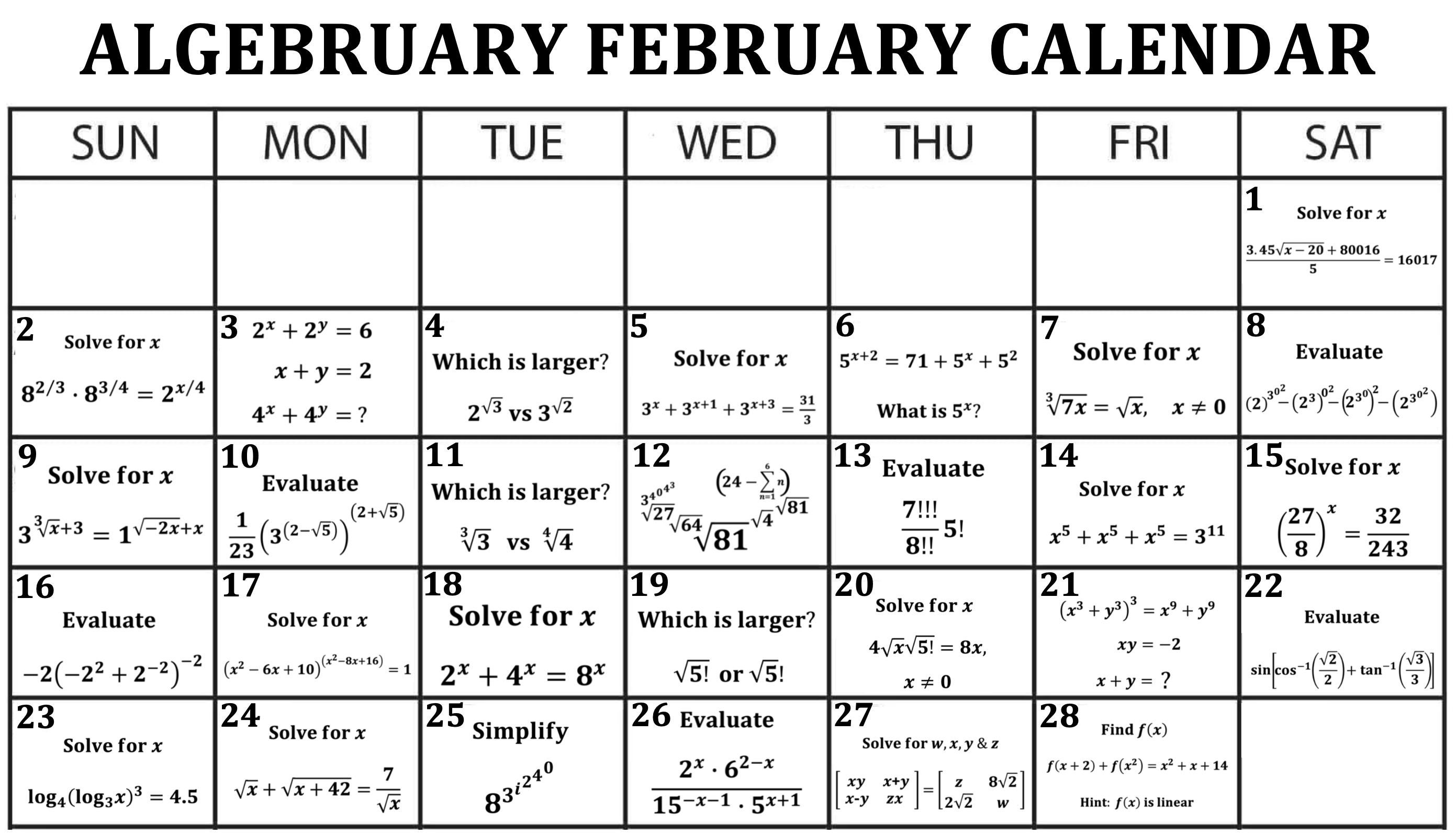 Algebruary February Calendar